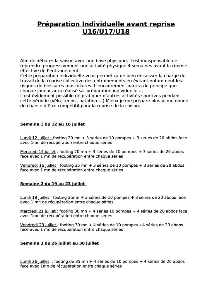 Infos Reprise Saison 2021 2022 U16 U17 U18 ASMF